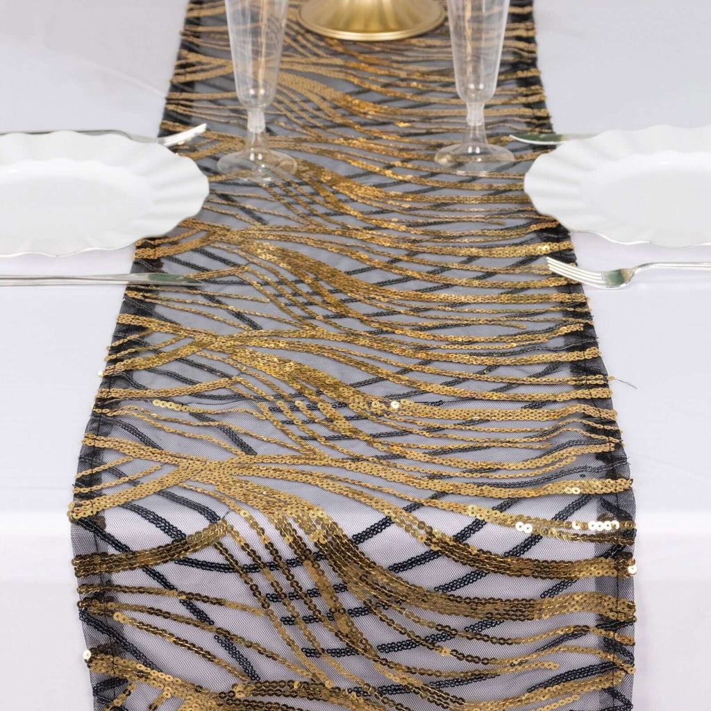 Sequin Mesh 12"x108" Table Runner Black Gold Stylish Wave Embroidery - Bell Racket Store