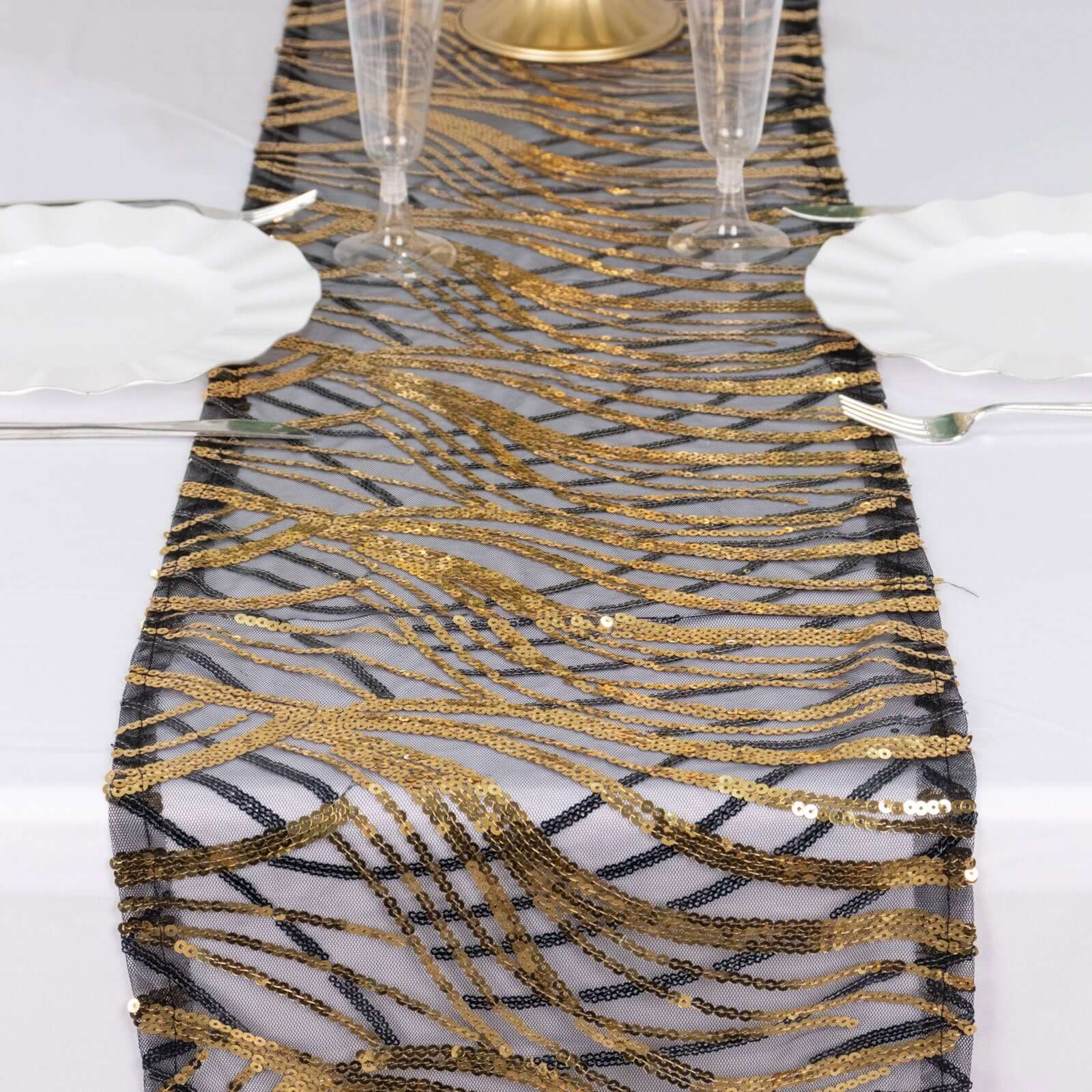 Sequin Mesh 12"x108" Table Runner Black Gold Stylish Wave Embroidery - Bell Racket Store