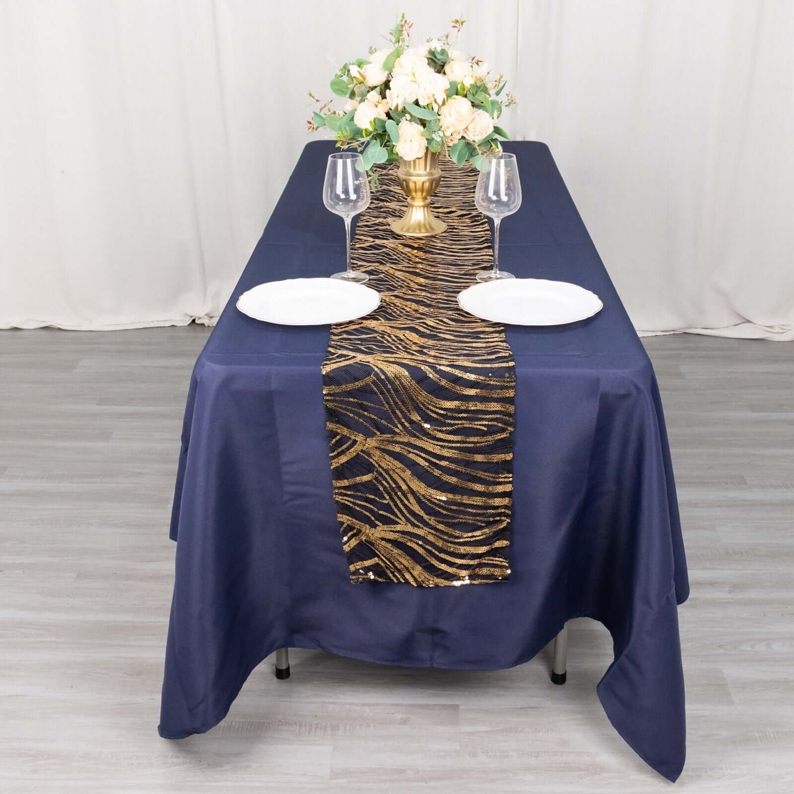 Sequin Mesh 12"x108" Table Runner Black Gold Stylish Wave Embroidery - Bell Racket Store