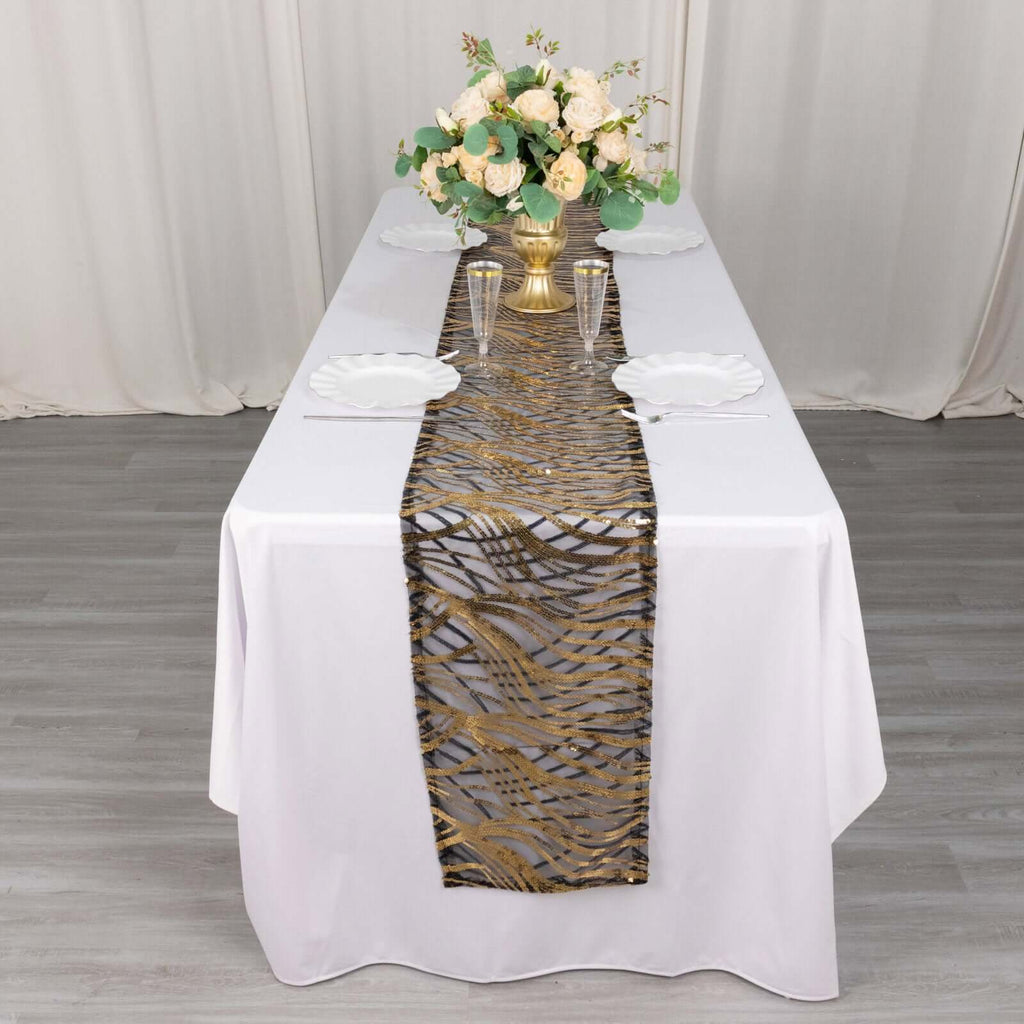 Sequin Mesh 12"x108" Table Runner Black Gold Stylish Wave Embroidery - Bell Racket Store