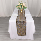 Sequin Mesh 12"x108" Table Runner Black Gold Stylish Wave Embroidery - Bell Racket Store