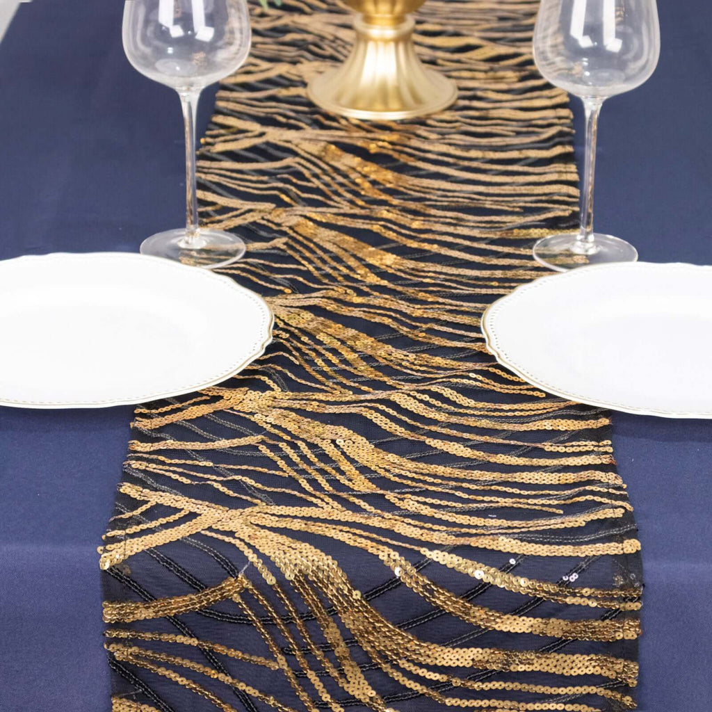 Sequin Mesh 12"x108" Table Runner Black Gold Stylish Wave Embroidery - Bell Racket Store