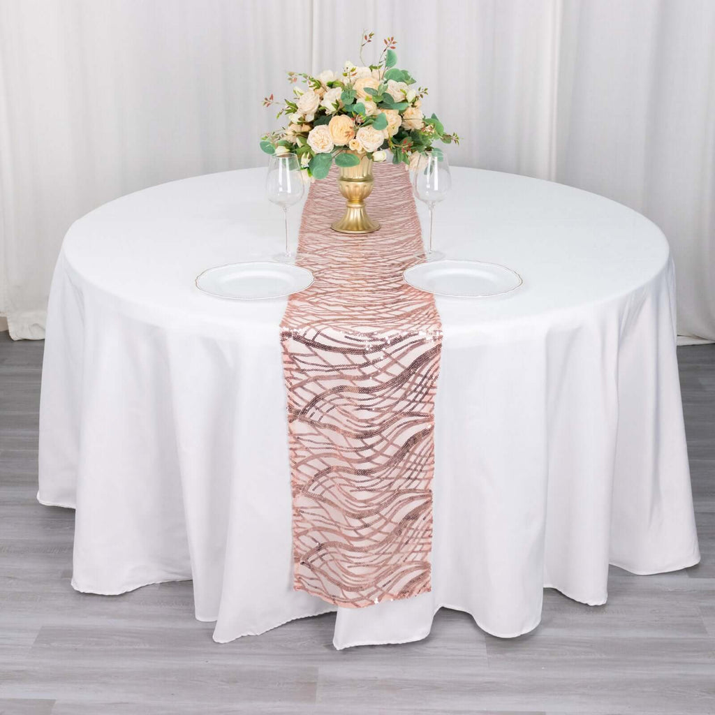 Sequin Mesh 12"x108" Table Runner Blush Stylish Wave Embroidery - Bell Racket Store