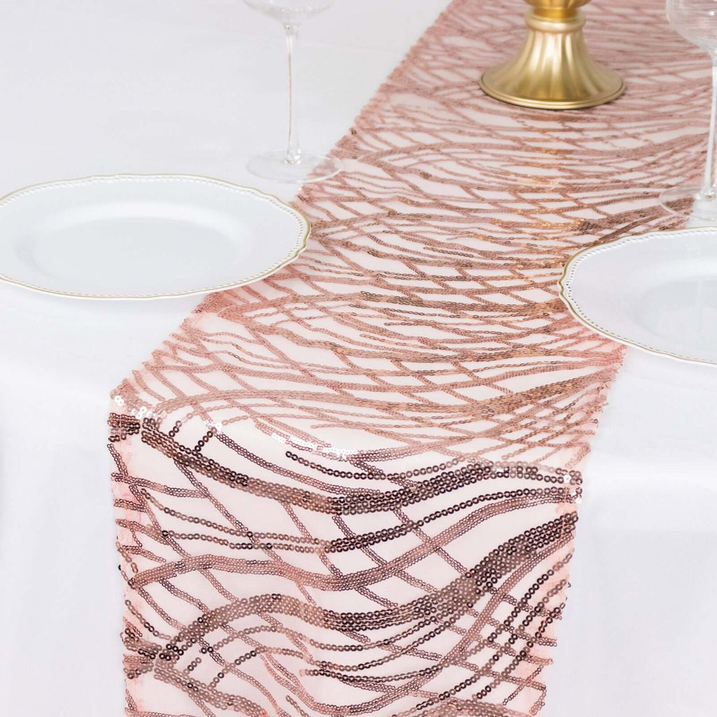 Sequin Mesh 12"x108" Table Runner Blush Stylish Wave Embroidery - Bell Racket Store