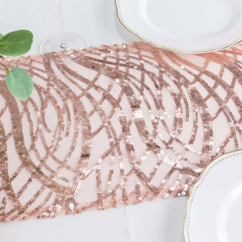 Sequin Mesh 12"x108" Table Runner Blush Stylish Wave Embroidery - Bell Racket Store