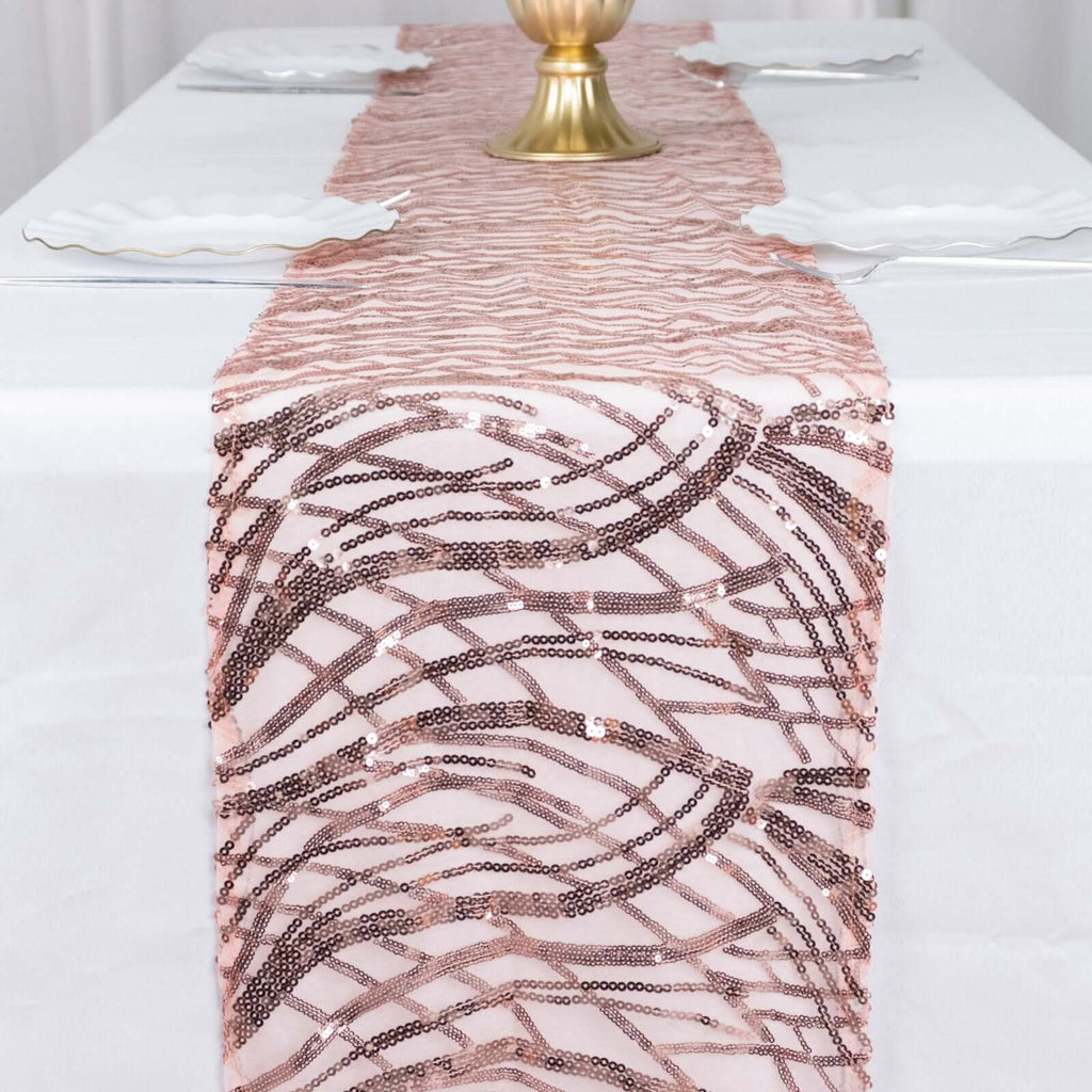 Sequin Mesh 12"x108" Table Runner Blush Stylish Wave Embroidery - Bell Racket Store