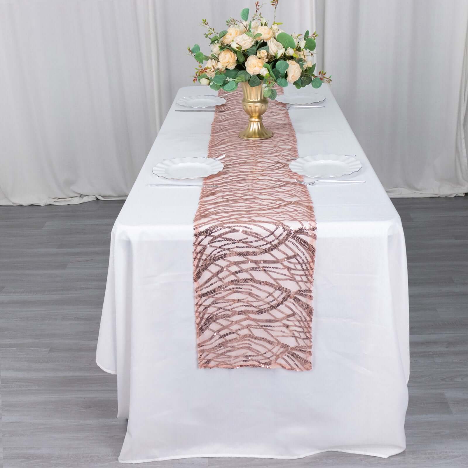 Sequin Mesh 12"x108" Table Runner Blush Stylish Wave Embroidery - Bell Racket Store