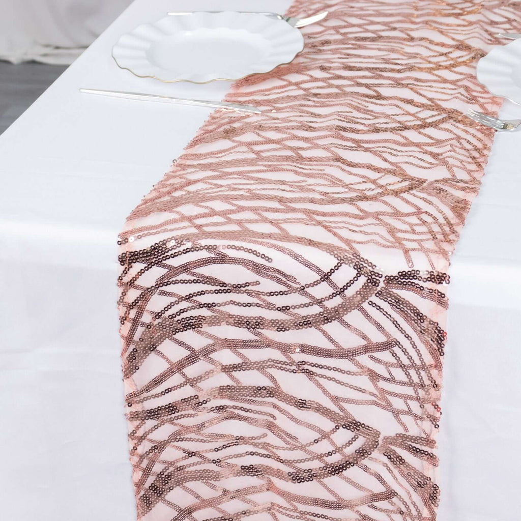 Sequin Mesh 12"x108" Table Runner Blush Stylish Wave Embroidery - Bell Racket Store
