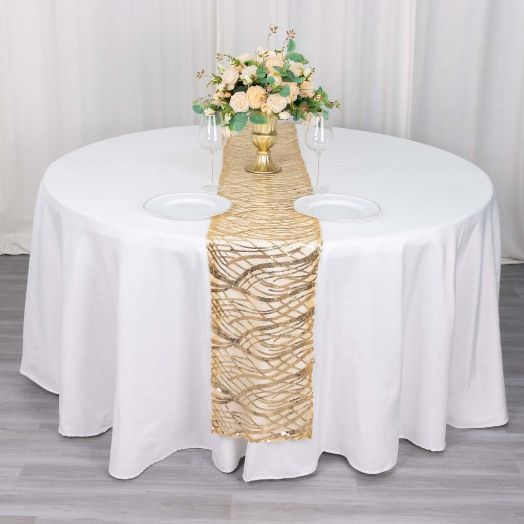 Sequin Mesh 12"x108" Table Runner Champagne Stylish Wave Embroidery - Bell Racket Store