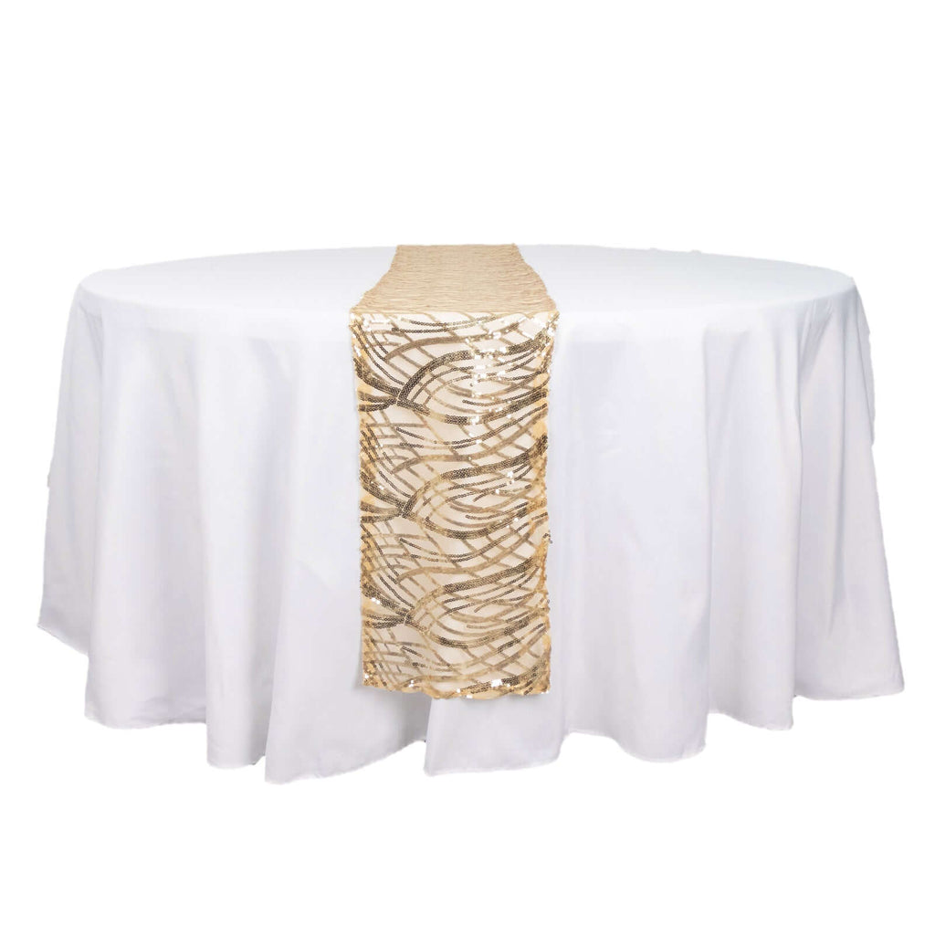 Sequin Mesh 12"x108" Table Runner Champagne Stylish Wave Embroidery - Bell Racket Store