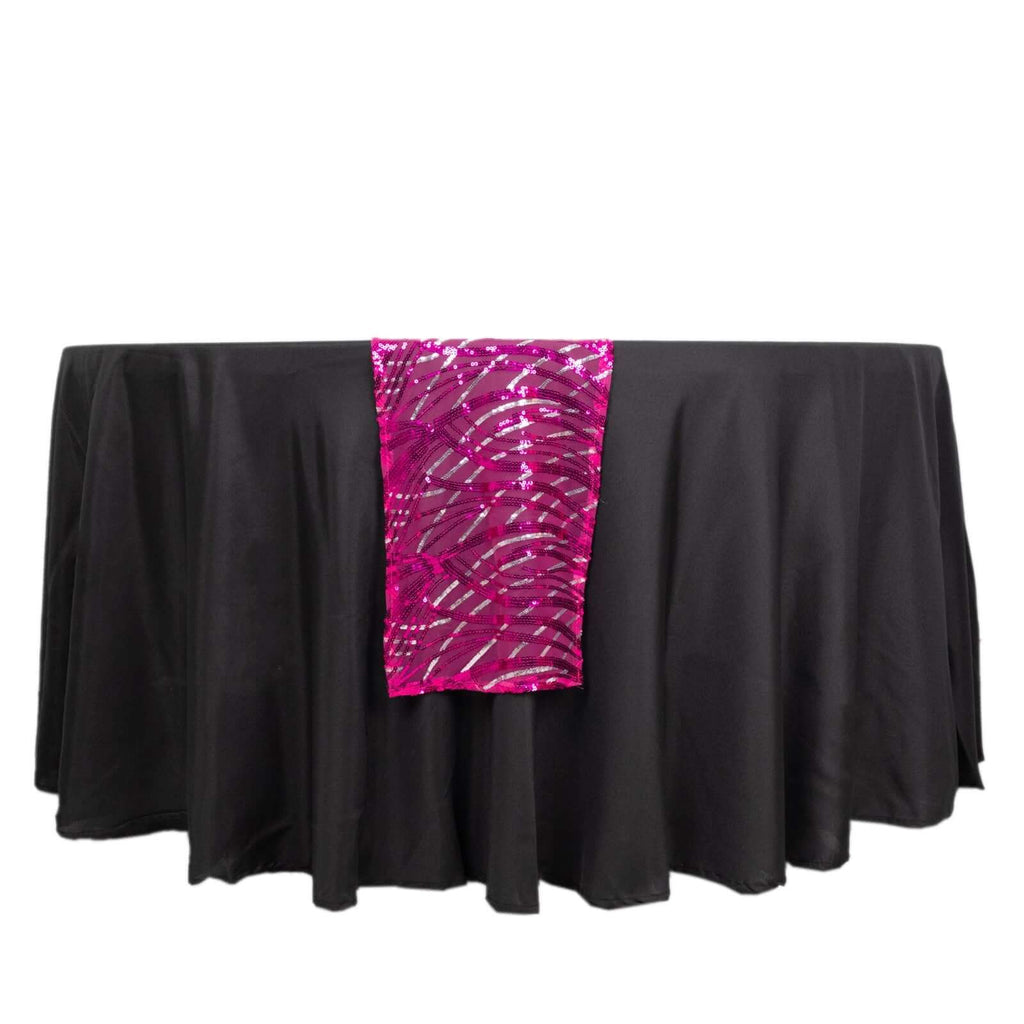 Sequin Mesh 12"x108" Table Runner Fuchsia Stylish Wave Embroidery - Bell Racket Store