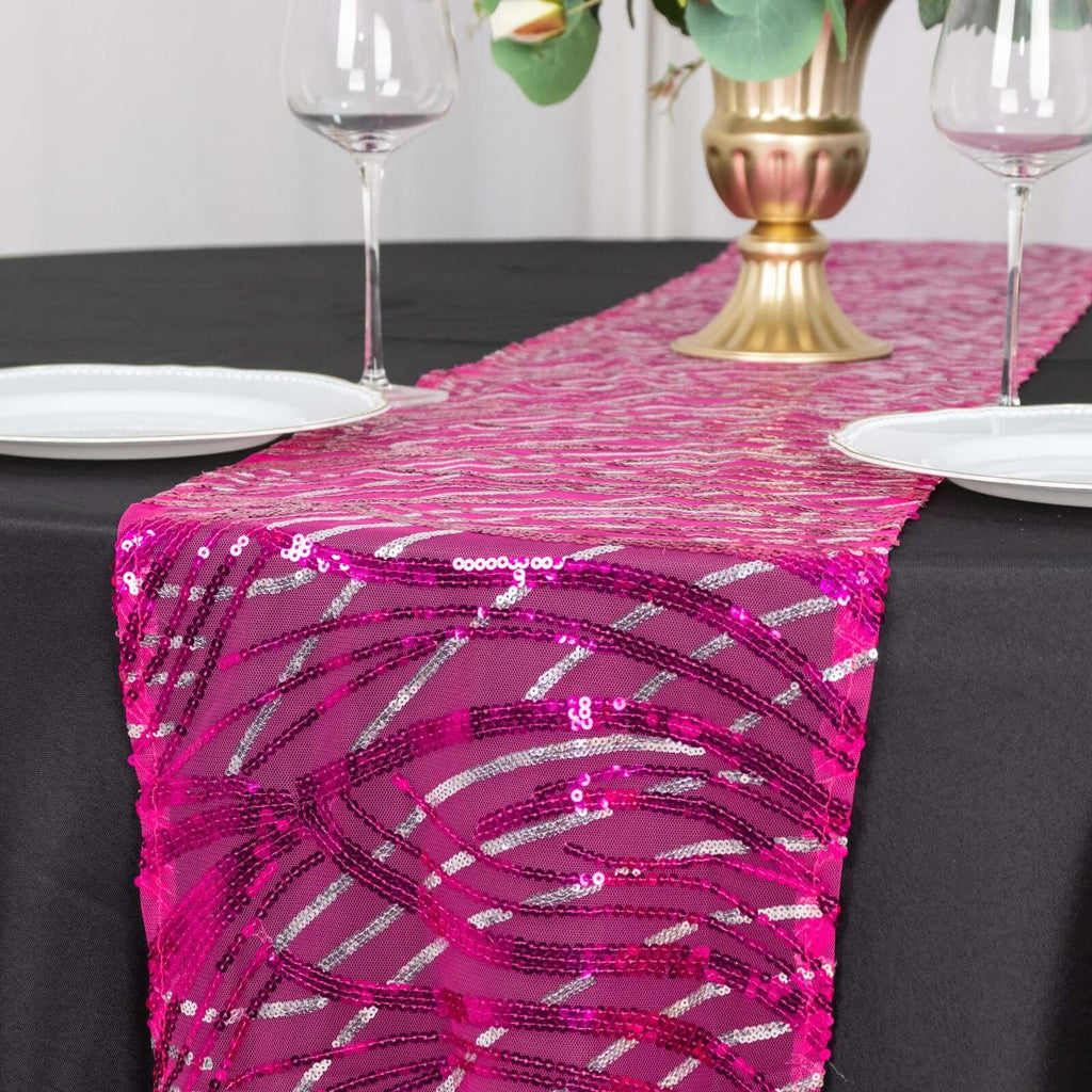 Sequin Mesh 12"x108" Table Runner Fuchsia Stylish Wave Embroidery - Bell Racket Store