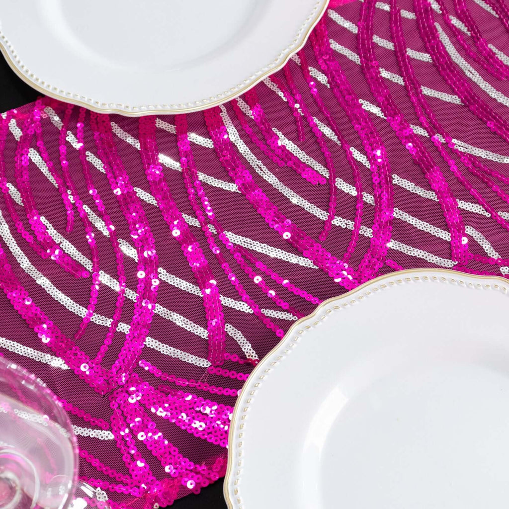Sequin Mesh 12"x108" Table Runner Fuchsia Stylish Wave Embroidery - Bell Racket Store