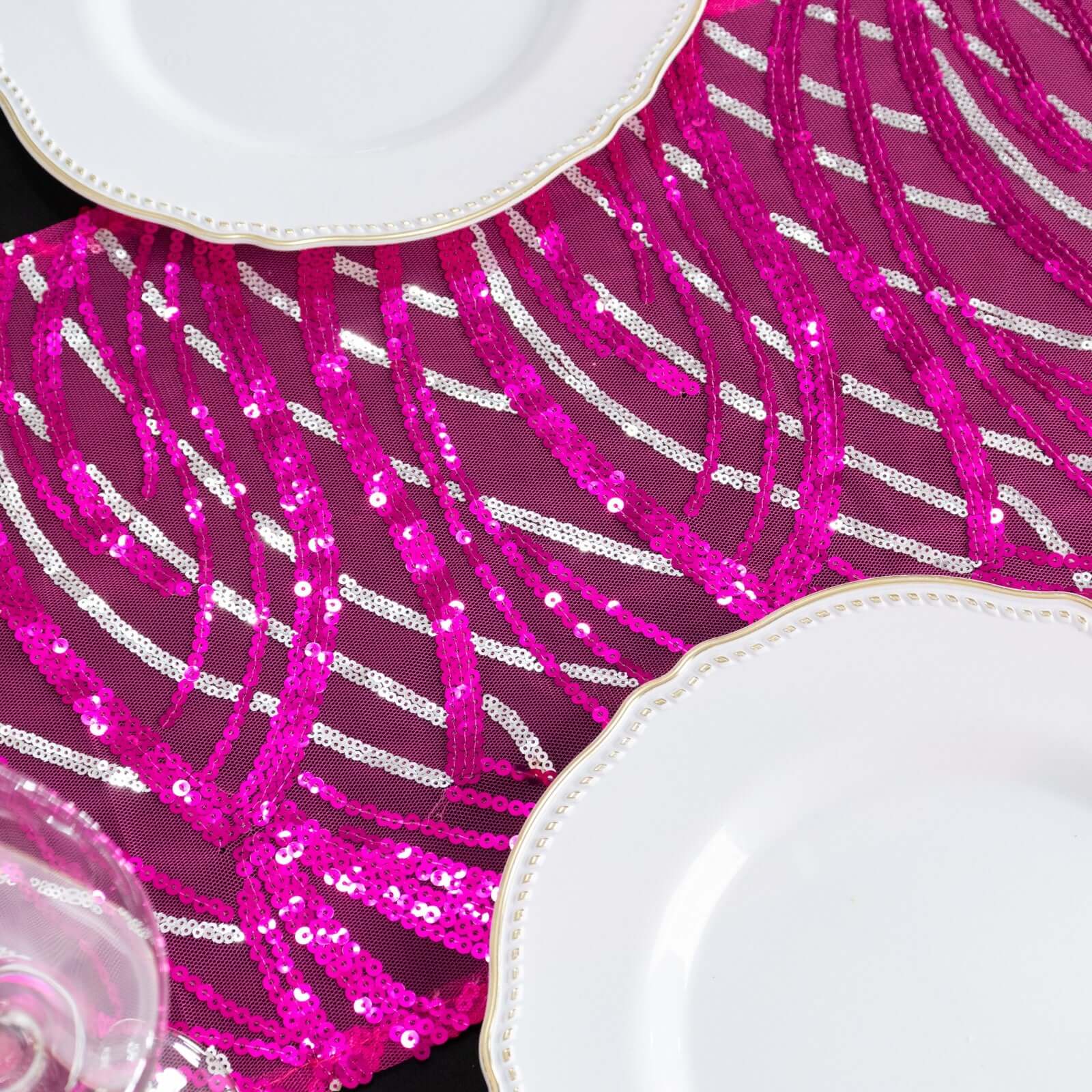 Sequin Mesh 12"x108" Table Runner Fuchsia Stylish Wave Embroidery - Bell Racket Store