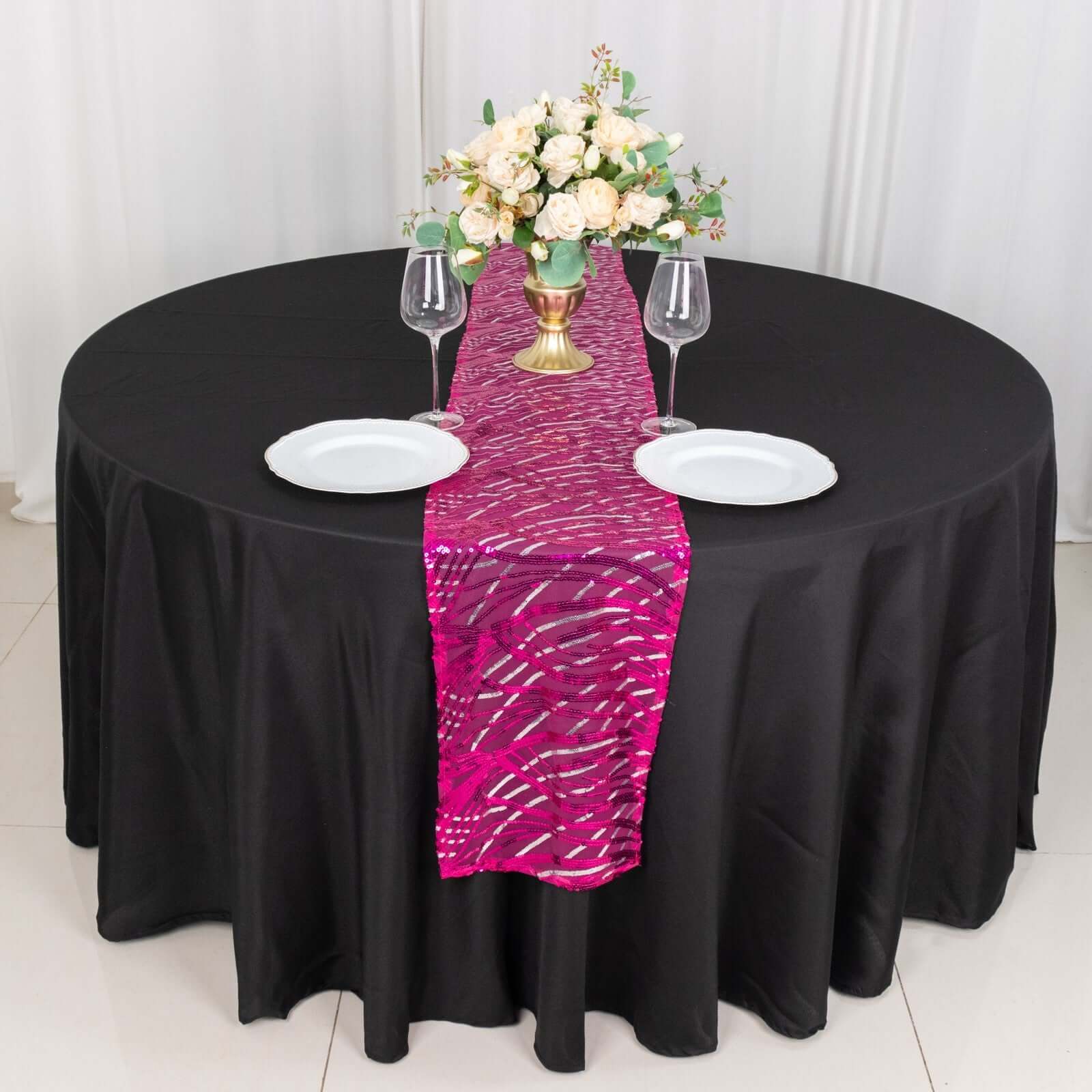 Sequin Mesh 12"x108" Table Runner Fuchsia Stylish Wave Embroidery - Bell Racket Store