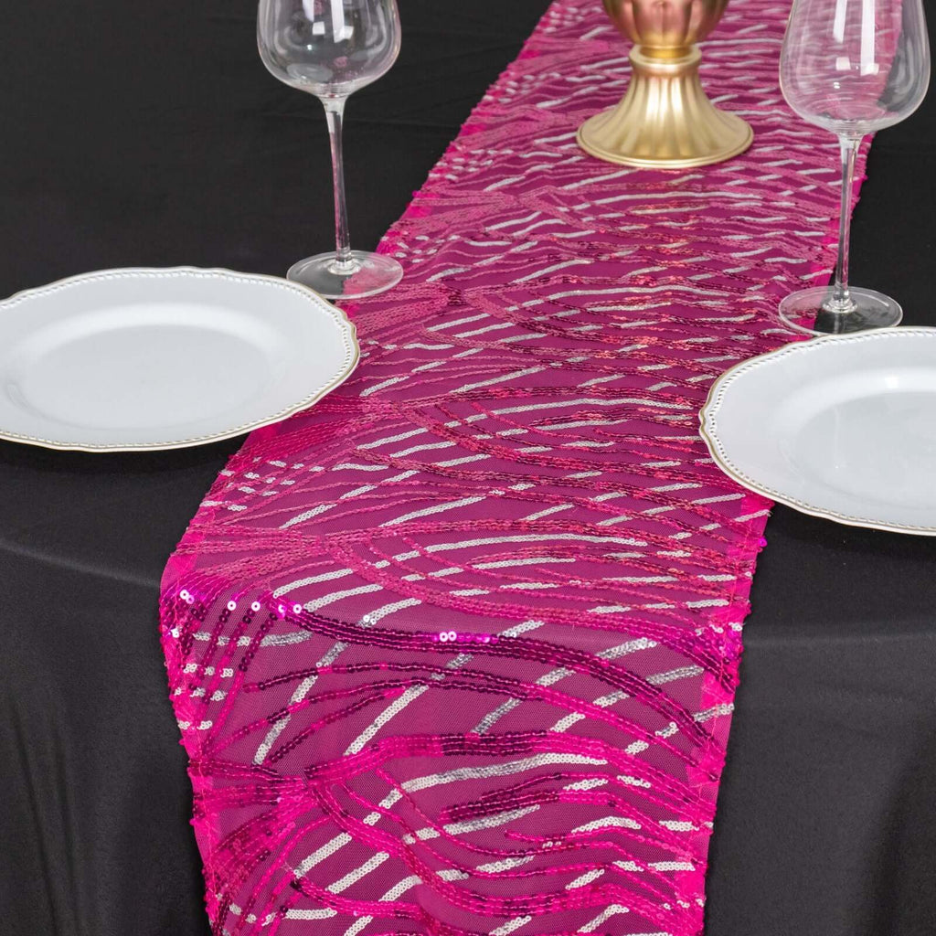 Sequin Mesh 12"x108" Table Runner Fuchsia Stylish Wave Embroidery - Bell Racket Store
