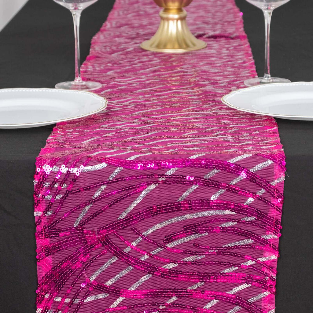 Sequin Mesh 12"x108" Table Runner Fuchsia Stylish Wave Embroidery - Bell Racket Store