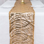 Sequin Mesh 12"x108" Table Runner Gold Wave Embroidered Design for Stylish Occasions - Bell Racket Store