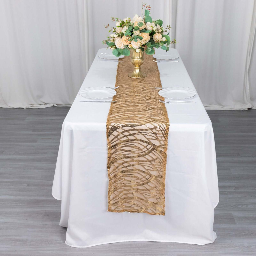 Sequin Mesh 12"x108" Table Runner Gold Wave Embroidered Design for Stylish Occasions - Bell Racket Store