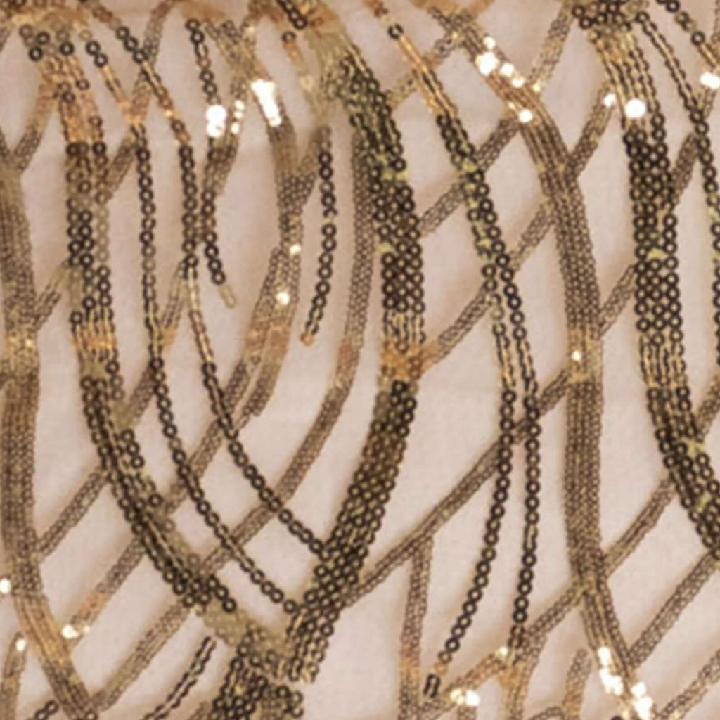 Sequin Mesh 12"x108" Table Runner Gold Wave Embroidered Design for Stylish Occasions - Bell Racket Store