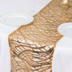 Sequin Mesh 12"x108" Table Runner Gold Wave Embroidered Design for Stylish Occasions - Bell Racket Store
