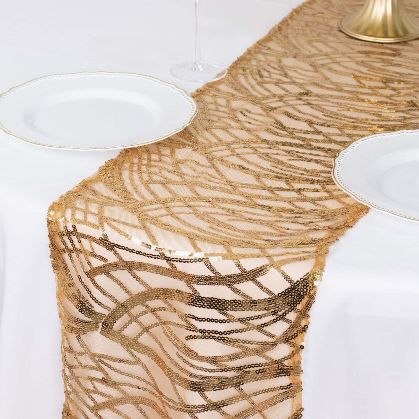 Sequin Mesh 12"x108" Table Runner Gold Wave Embroidered Design for Stylish Occasions - Bell Racket Store