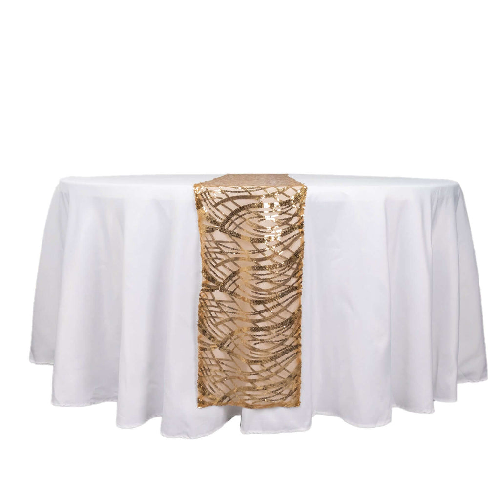 Sequin Mesh 12"x108" Table Runner Gold Wave Embroidered Design for Stylish Occasions - Bell Racket Store