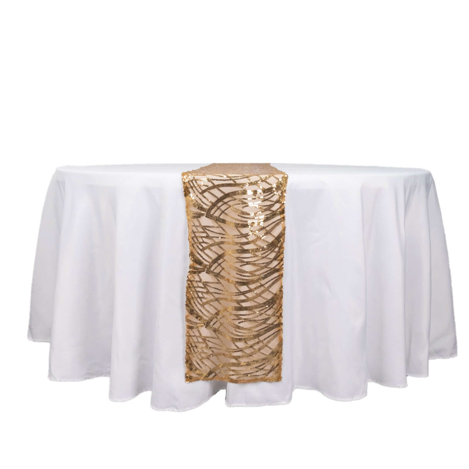 Sequin Mesh 12"x108" Table Runner Gold Wave Embroidered Design for Stylish Occasions - Bell Racket Store