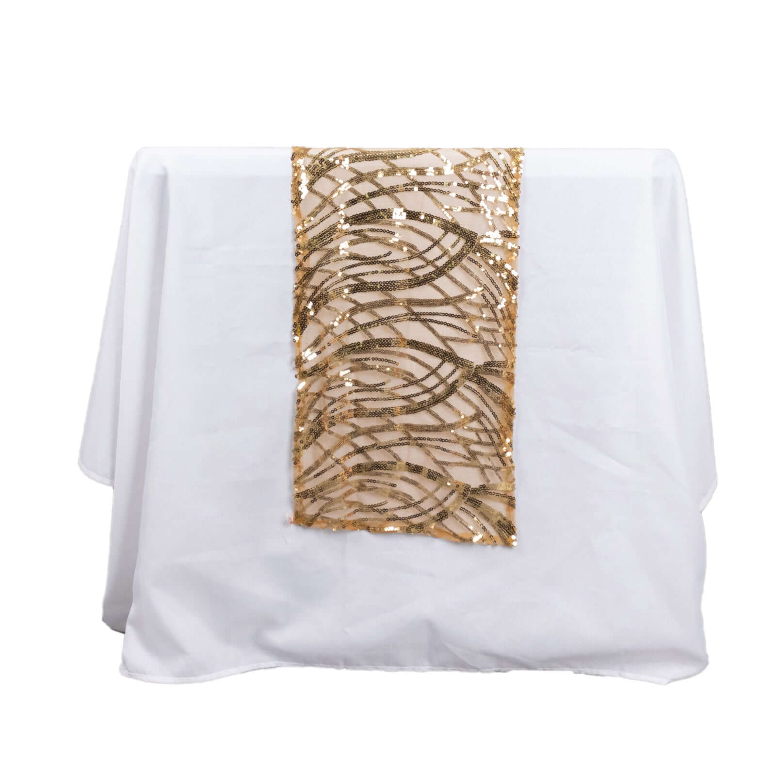 Sequin Mesh 12"x108" Table Runner Gold Wave Embroidered Design for Stylish Occasions - Bell Racket Store