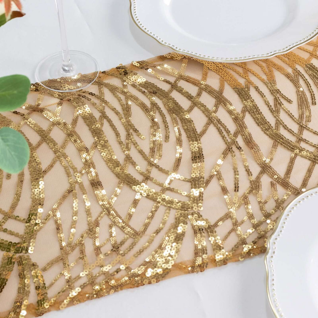 Sequin Mesh 12"x108" Table Runner Gold Wave Embroidered Design for Stylish Occasions - Bell Racket Store