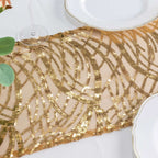 Sequin Mesh 12"x108" Table Runner Gold Wave Embroidered Design for Stylish Occasions - Bell Racket Store