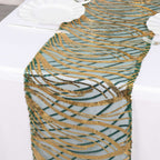 Sequin Mesh 12"x108" Table Runner Hunter Emerald Green/Gold Stylish Wave Embroidery - Bell Racket Store
