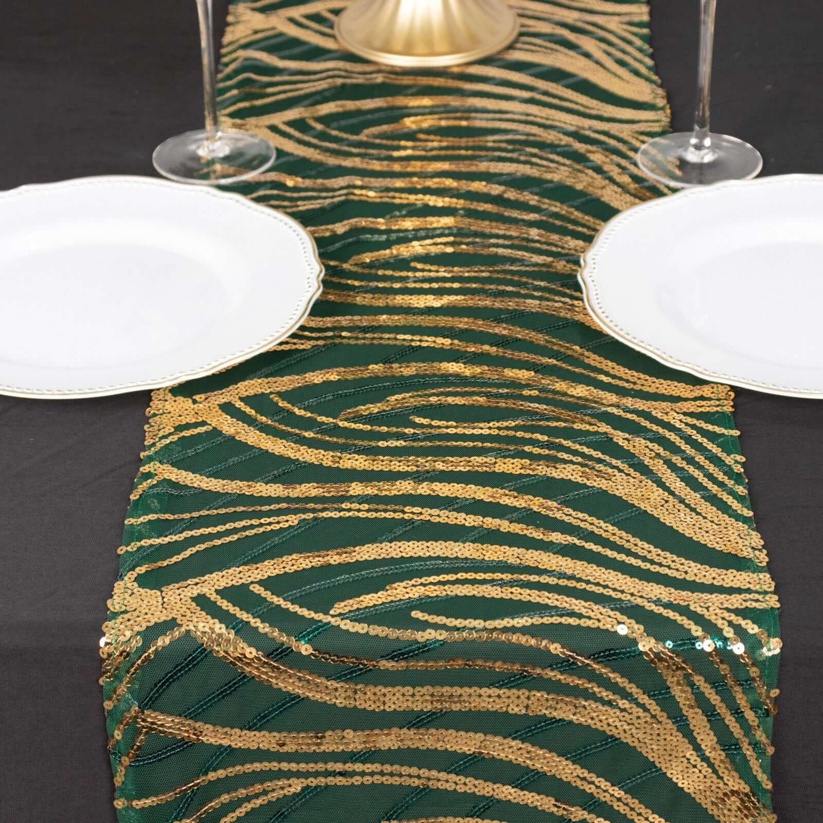 Sequin Mesh 12"x108" Table Runner Hunter Emerald Green/Gold Stylish Wave Embroidery - Bell Racket Store