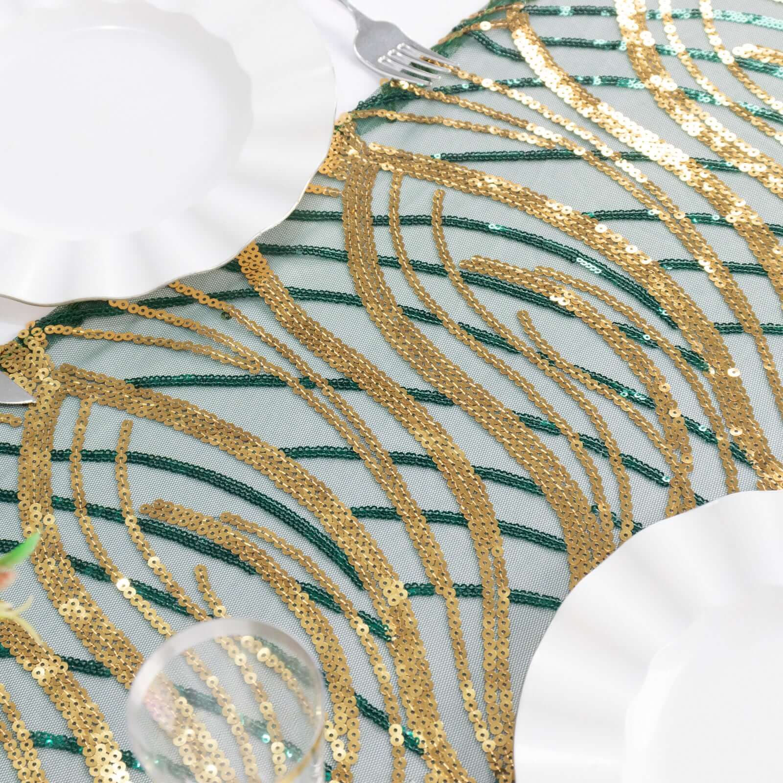 Sequin Mesh 12"x108" Table Runner Hunter Emerald Green/Gold Stylish Wave Embroidery - Bell Racket Store