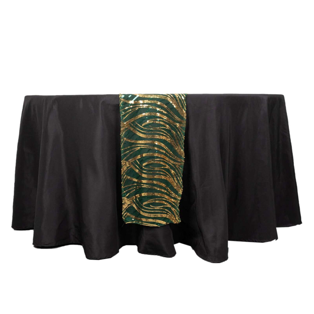 Sequin Mesh 12"x108" Table Runner Hunter Emerald Green/Gold Stylish Wave Embroidery - Bell Racket Store