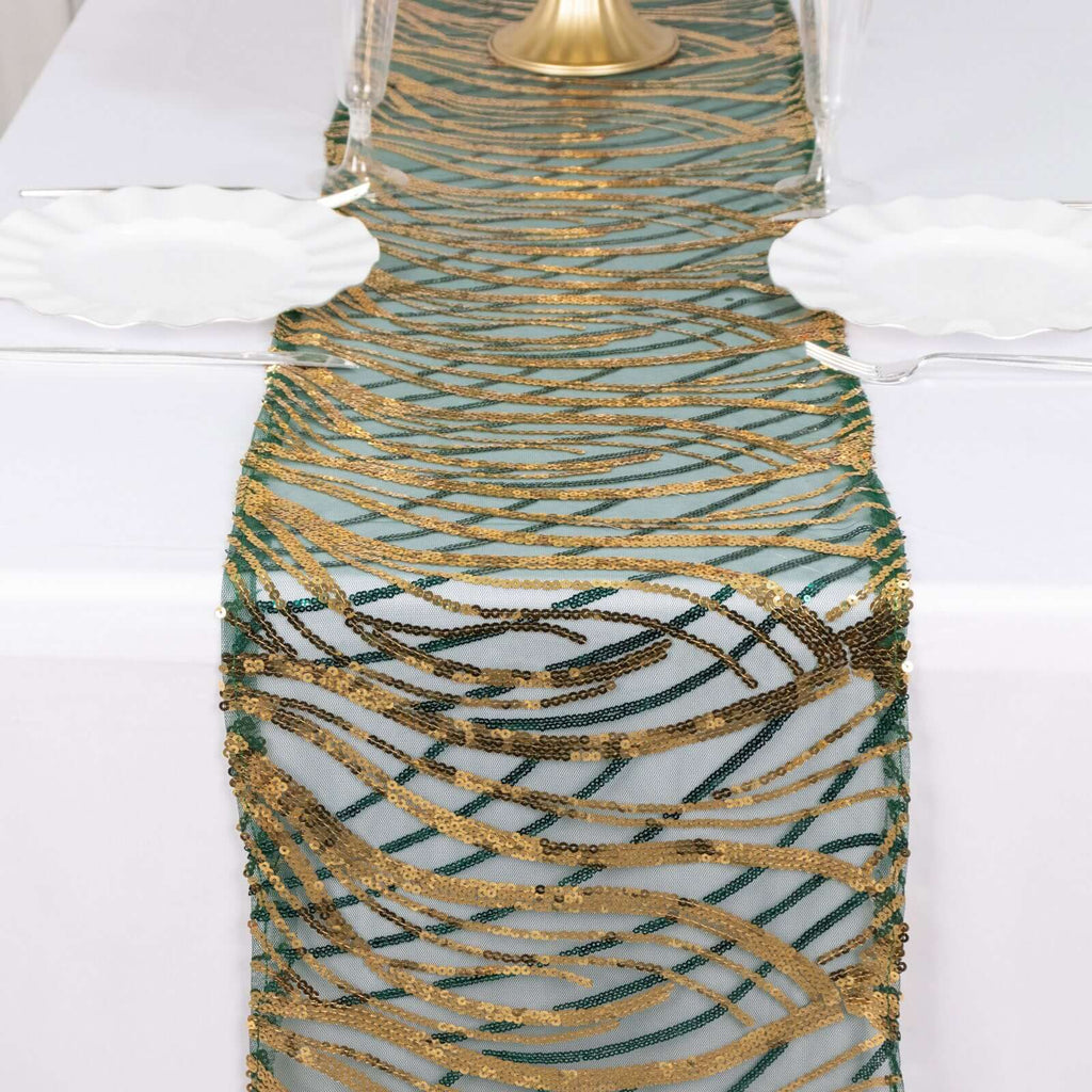 Sequin Mesh 12"x108" Table Runner Hunter Emerald Green/Gold Stylish Wave Embroidery - Bell Racket Store