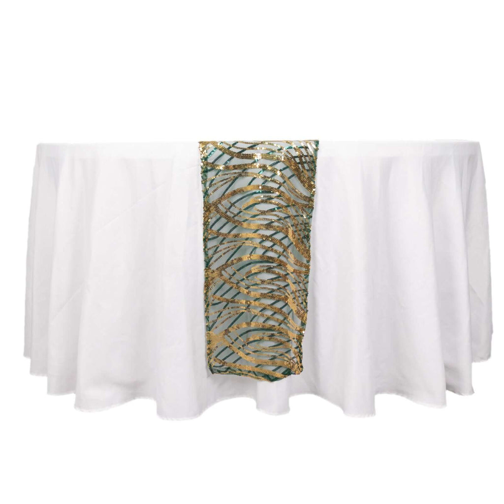 Sequin Mesh 12"x108" Table Runner Hunter Emerald Green/Gold Stylish Wave Embroidery - Bell Racket Store