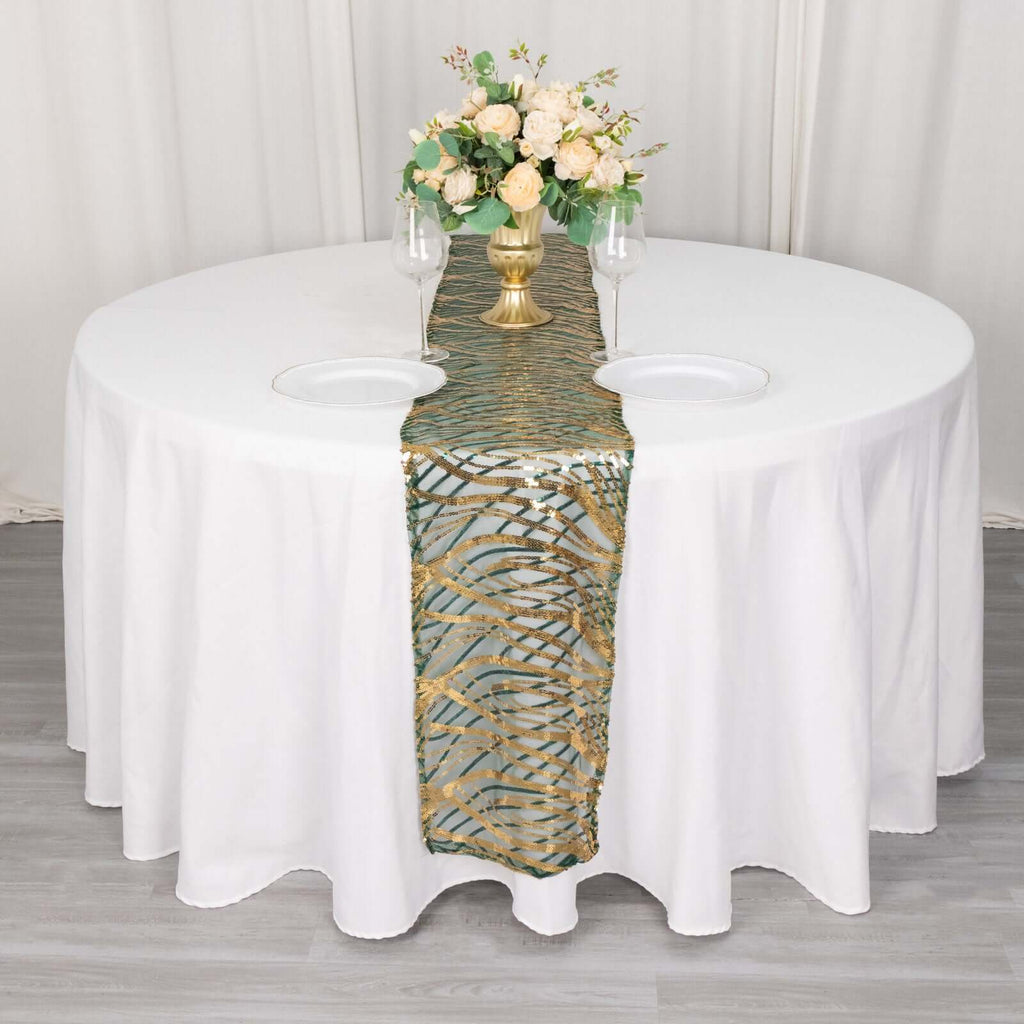 Sequin Mesh 12"x108" Table Runner Hunter Emerald Green/Gold Stylish Wave Embroidery - Bell Racket Store