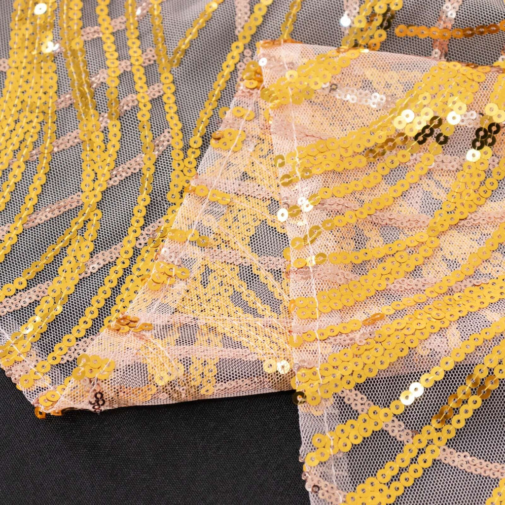 Sequin Mesh 12"x108" Table Runner Rose Gold/Gold Stylish Wave Embroidery - Bell Racket Store