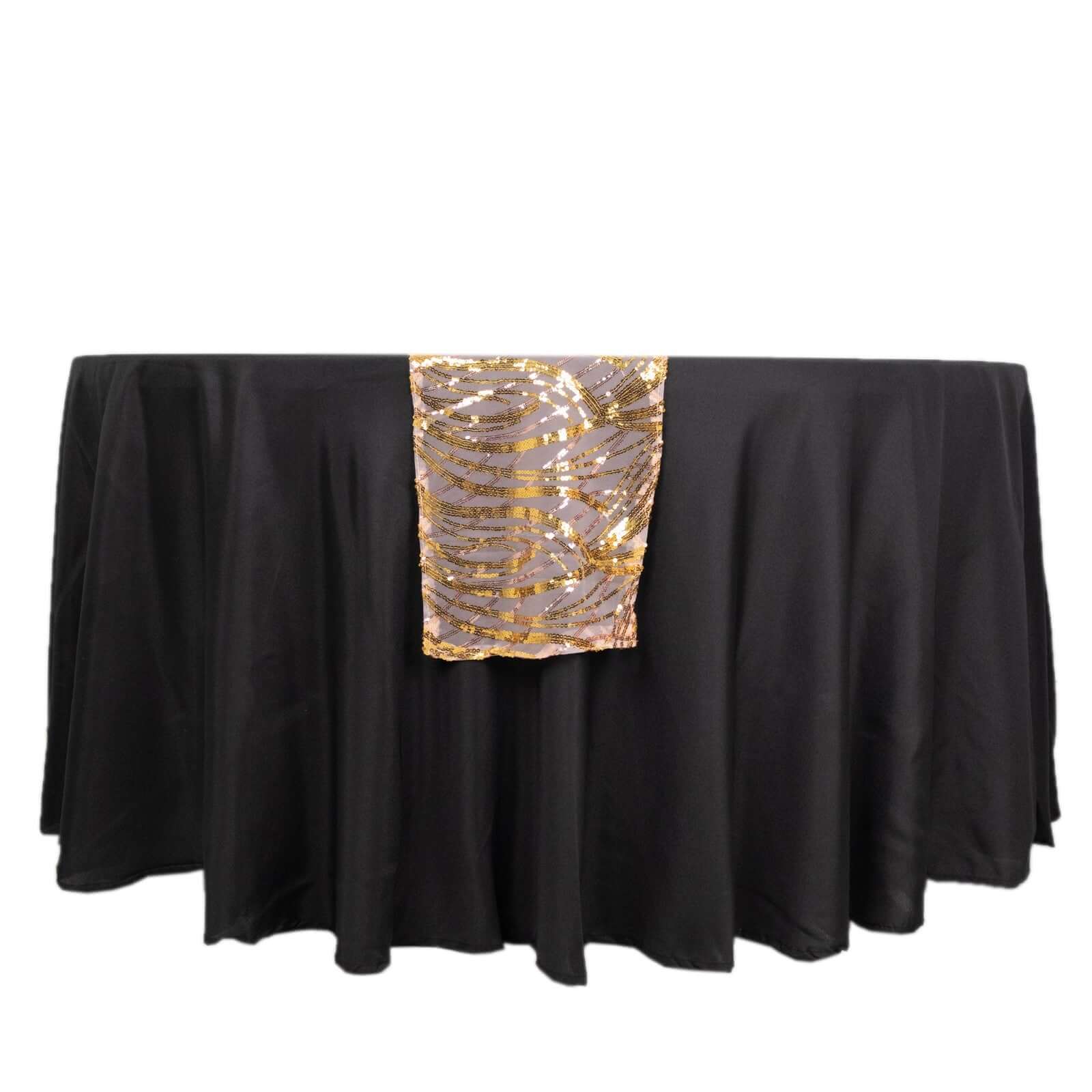 Sequin Mesh 12"x108" Table Runner Rose Gold/Gold Stylish Wave Embroidery - Bell Racket Store