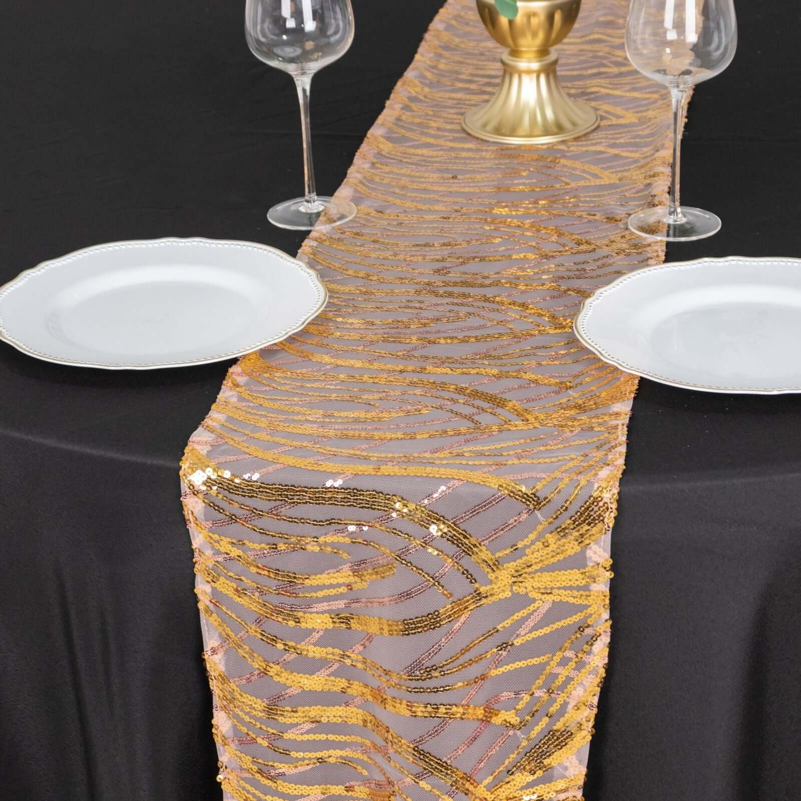 Sequin Mesh 12"x108" Table Runner Rose Gold/Gold Stylish Wave Embroidery - Bell Racket Store