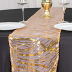 Sequin Mesh 12"x108" Table Runner Rose Gold/Gold Stylish Wave Embroidery - Bell Racket Store