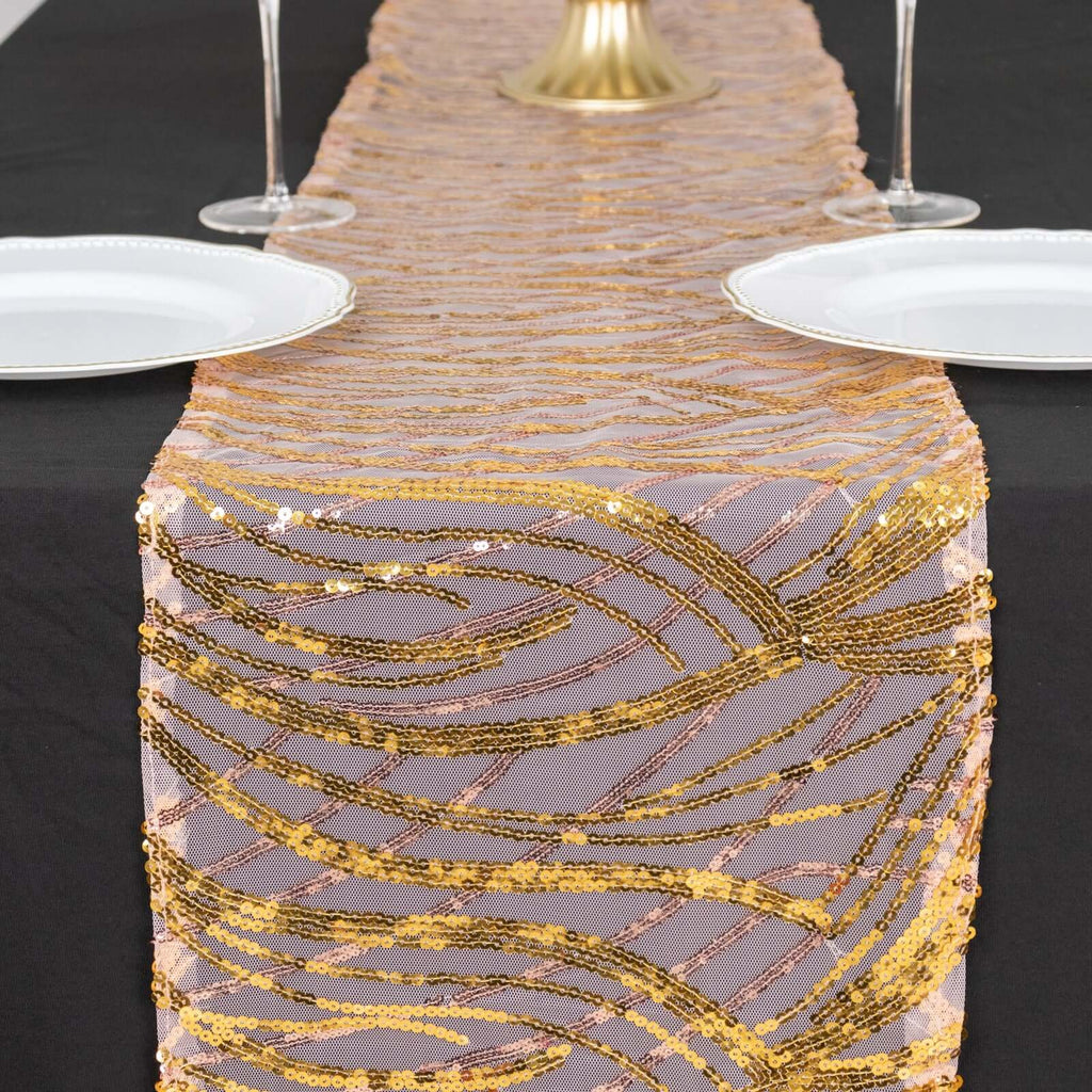 Sequin Mesh 12"x108" Table Runner Rose Gold/Gold Stylish Wave Embroidery - Bell Racket Store