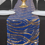 Sequin Mesh 12"x108" Table Runner Royal Blue/Gold Stylish Wave Embroidery - Bell Racket Store