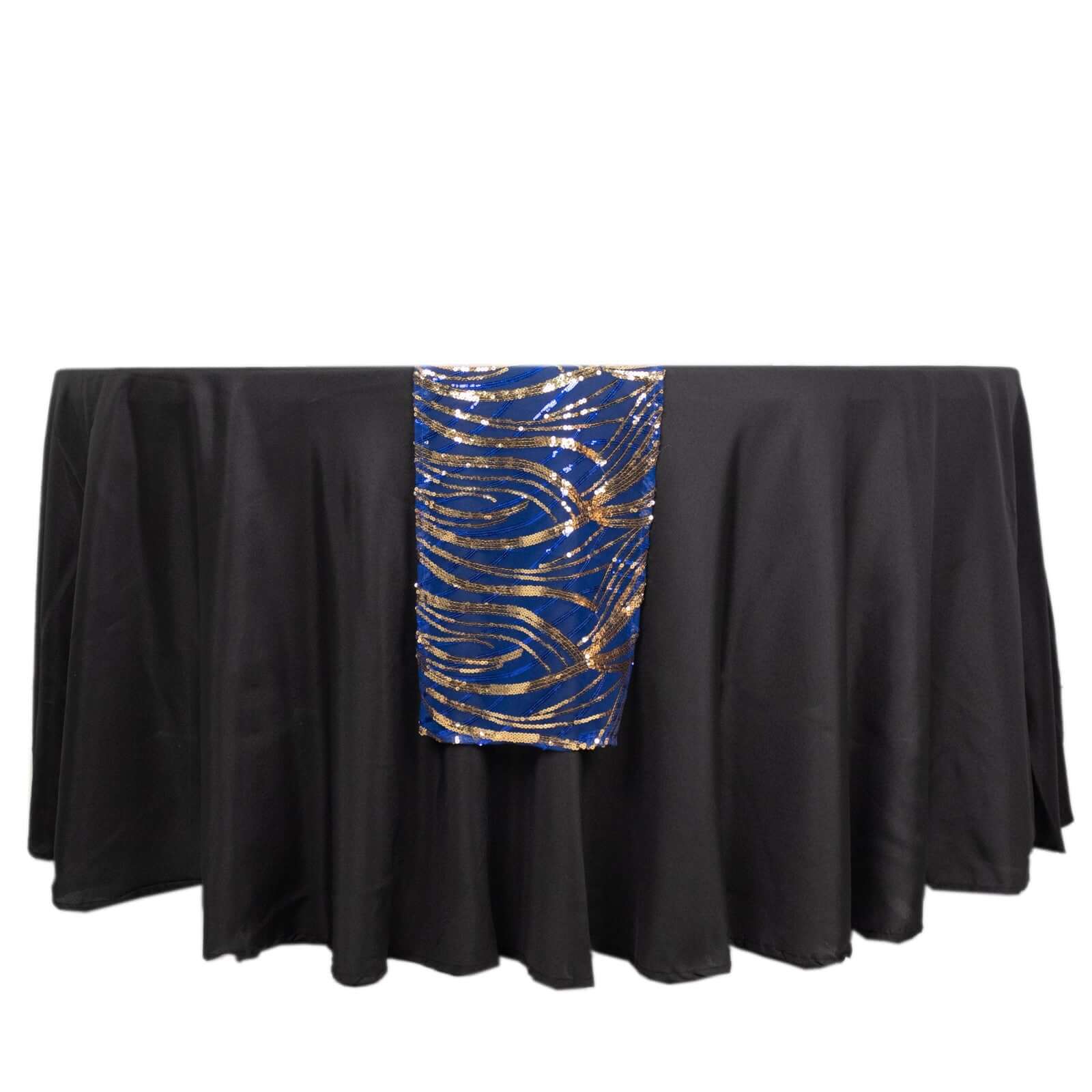 Sequin Mesh 12"x108" Table Runner Royal Blue/Gold Stylish Wave Embroidery - Bell Racket Store