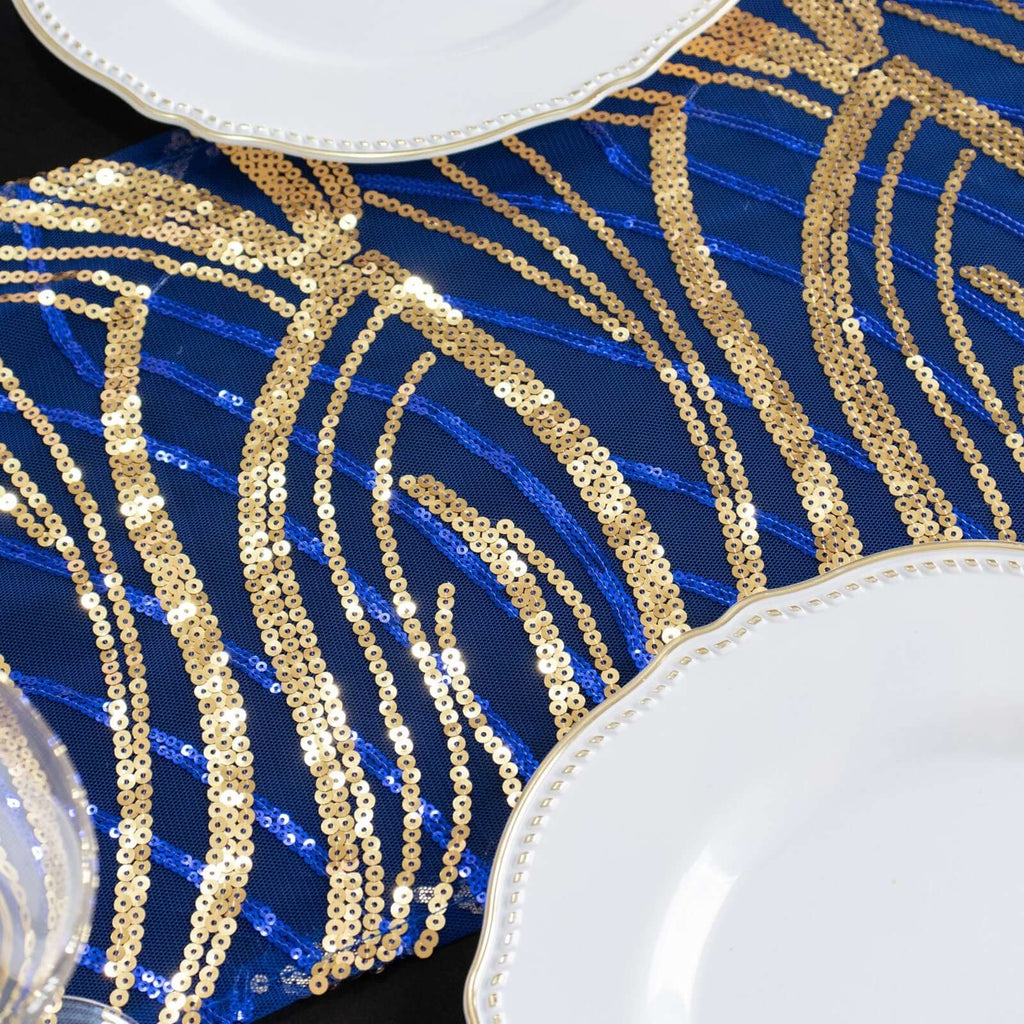 Sequin Mesh 12"x108" Table Runner Royal Blue/Gold Stylish Wave Embroidery - Bell Racket Store