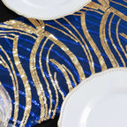 Sequin Mesh 12"x108" Table Runner Royal Blue/Gold Stylish Wave Embroidery - Bell Racket Store
