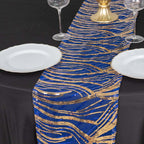 Sequin Mesh 12"x108" Table Runner Royal Blue/Gold Stylish Wave Embroidery - Bell Racket Store