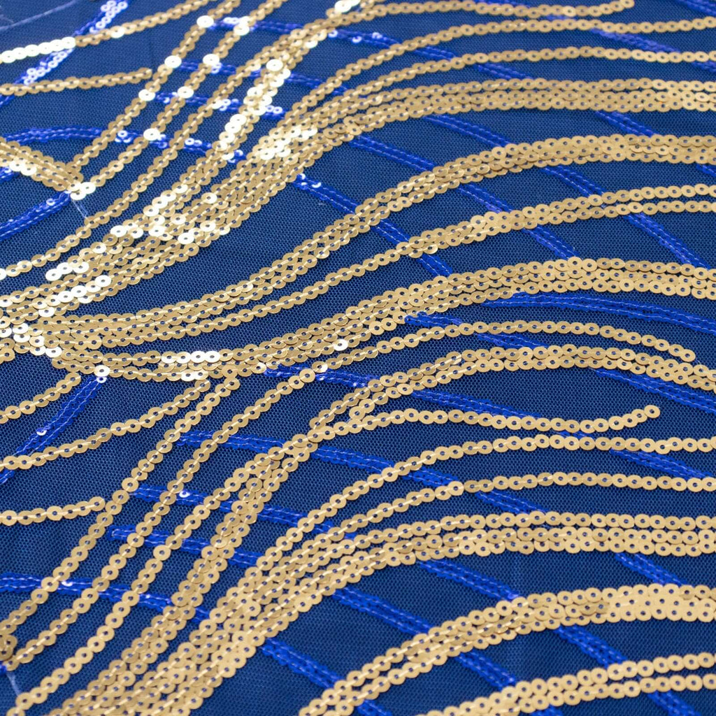 Sequin Mesh 12"x108" Table Runner Royal Blue/Gold Stylish Wave Embroidery - Bell Racket Store