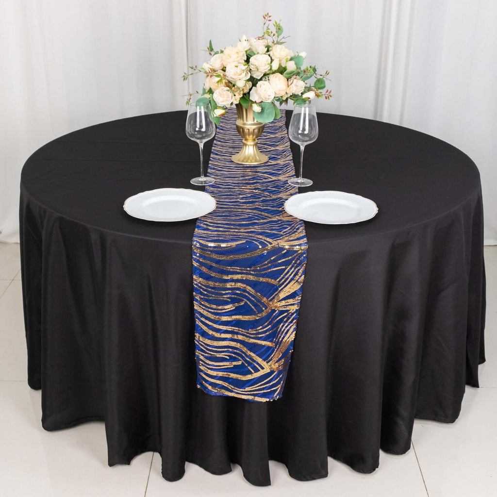 Sequin Mesh 12"x108" Table Runner Royal Blue/Gold Stylish Wave Embroidery - Bell Racket Store